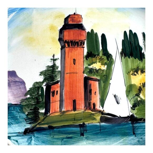 Hand-Painted Italian Ceramic Wall Plate Lighthouse Scene 8” Made In Italy READ - Picture 2 of 7